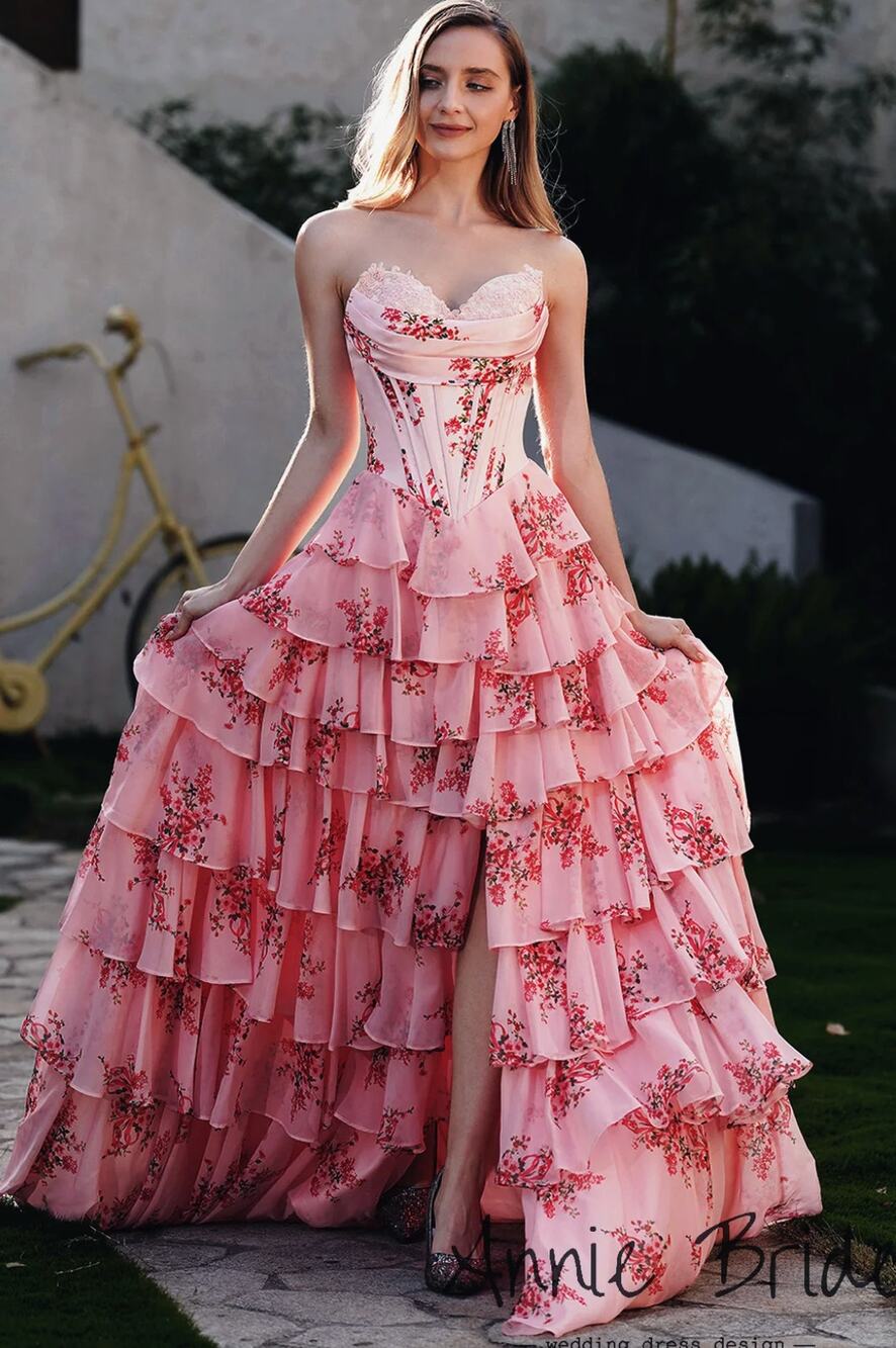 XL 16 romantic rococo pink cherry blossom ballgown tiered ruffled chiffon dress